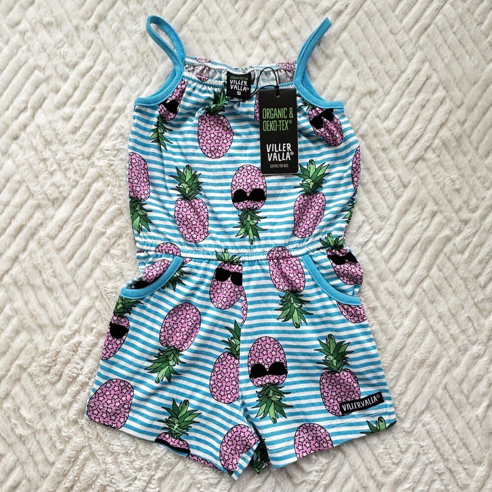 Villervalla 2-3T 98 Pineapple Romper Organic Cotton Striped Summer NWT